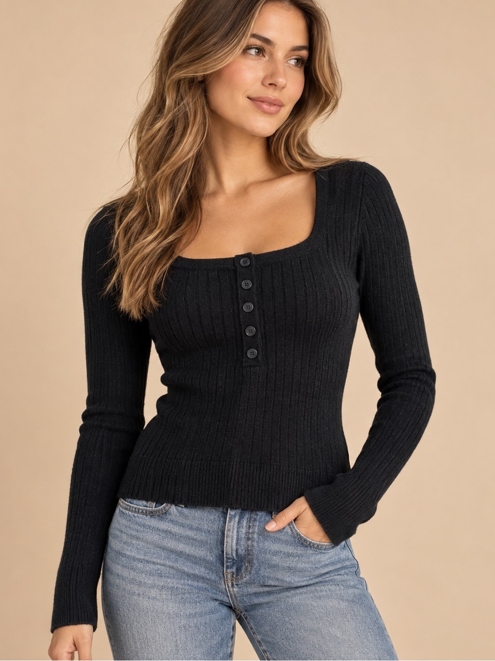 Black Ribbed Square Neck Henley Long Sleeve Sweater Top XS